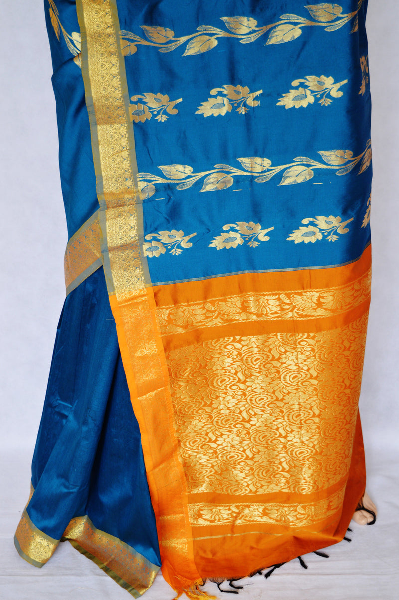 Blue ,Orange & Gold Art  Silk Saree