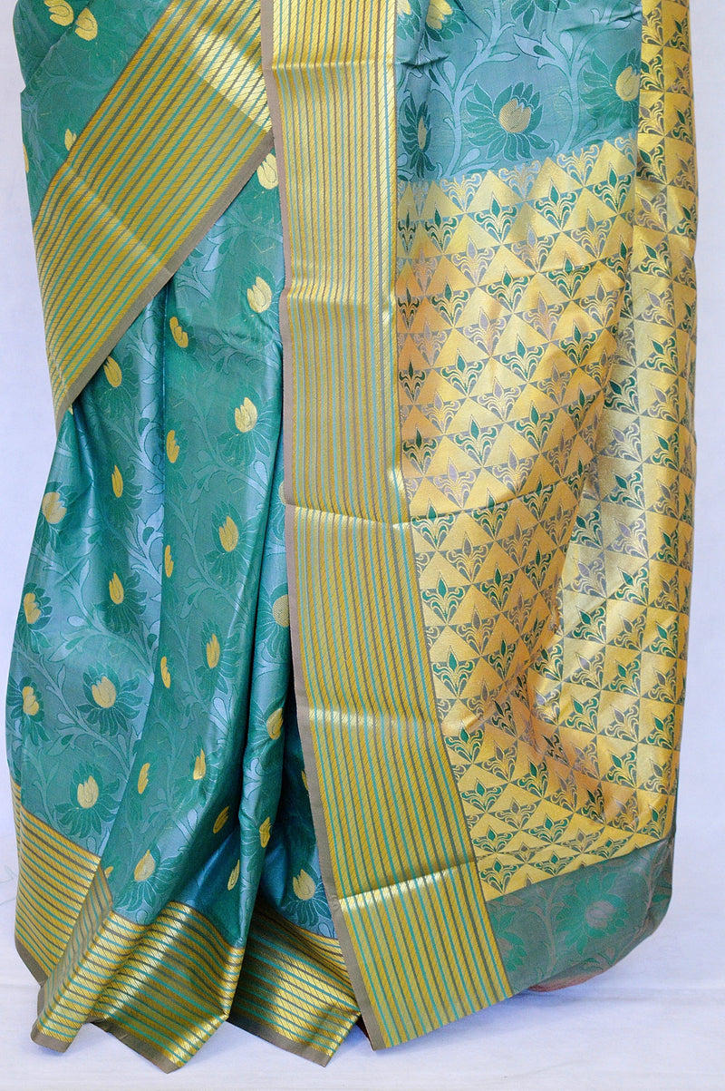 Turquoise  & Gold Colour Kanchipuram Silk  Saree