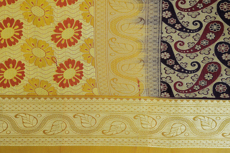 Gold,Maroon & Mustard Colour Kanchipuram Silk  Saree
