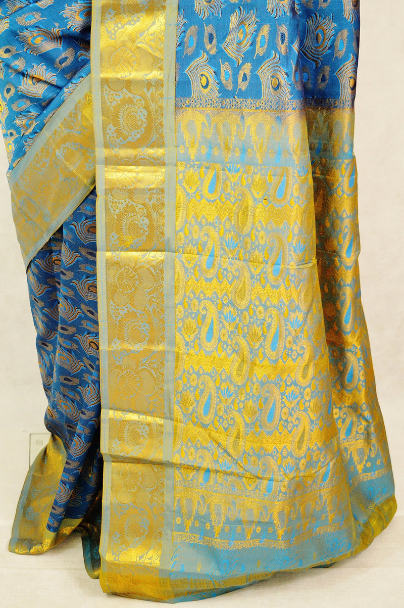 Blue Peacock Feather Design Kanchipuram  Silk Saree