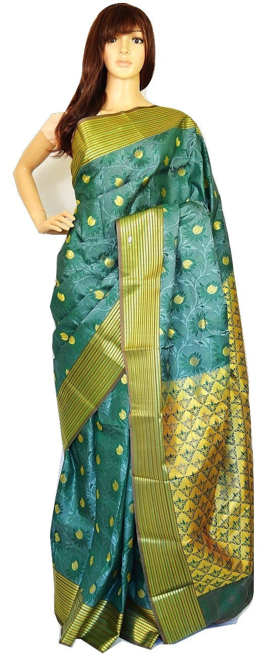 Turquoise  & Gold Colour Kanchipuram Silk  Saree