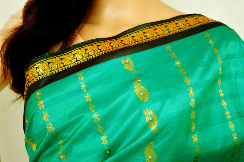 Green & Gold  Stone Work Kanchipuram Silk Saree