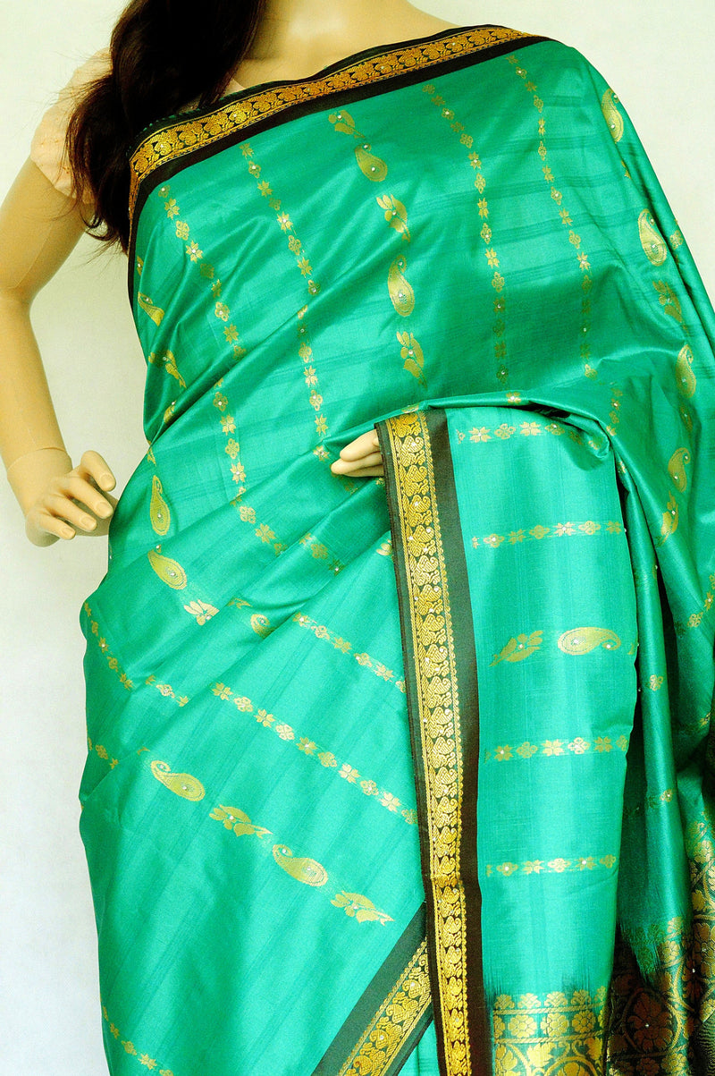 Green & Gold  Stone Work Kanchipuram Silk Saree