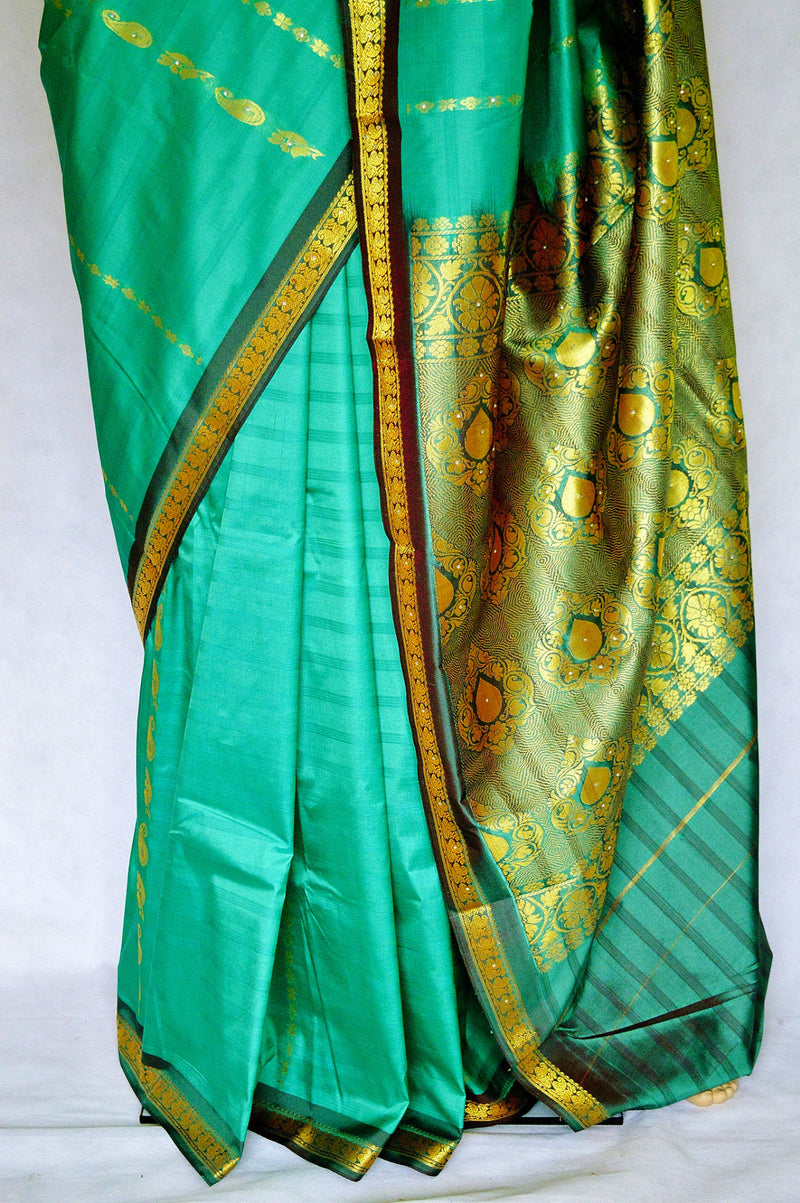 Green & Gold  Stone Work Kanchipuram Silk Saree