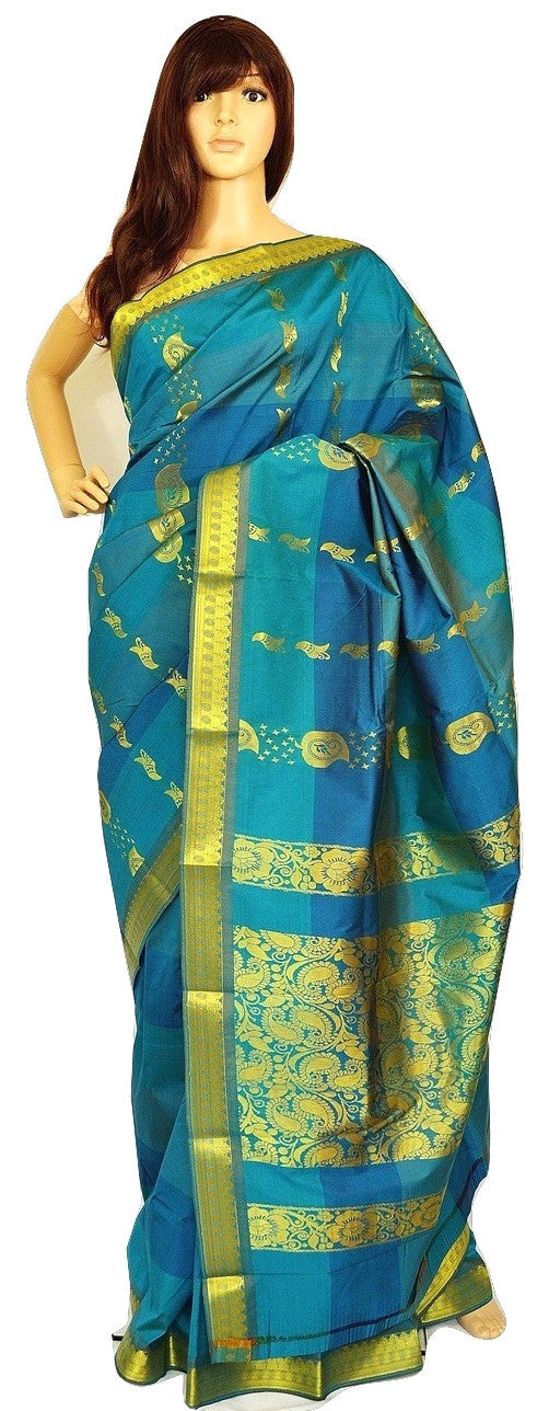 Green, Blue & Gold Kanchipuram Silk Saree