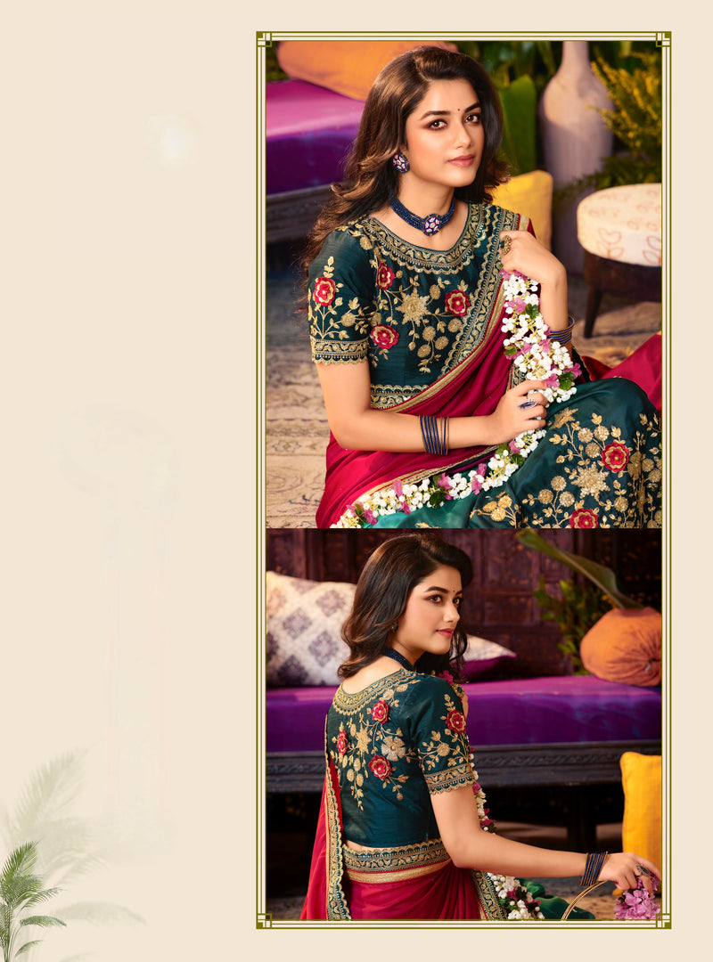 Designer Rani Pink & Green Silk Fabric Saree