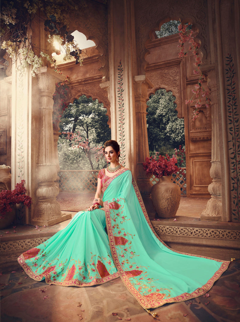 Mint colour Pure Silk Designer Saree
