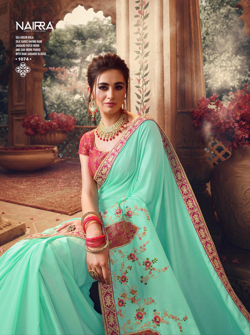 Mint colour Pure Silk Designer Saree