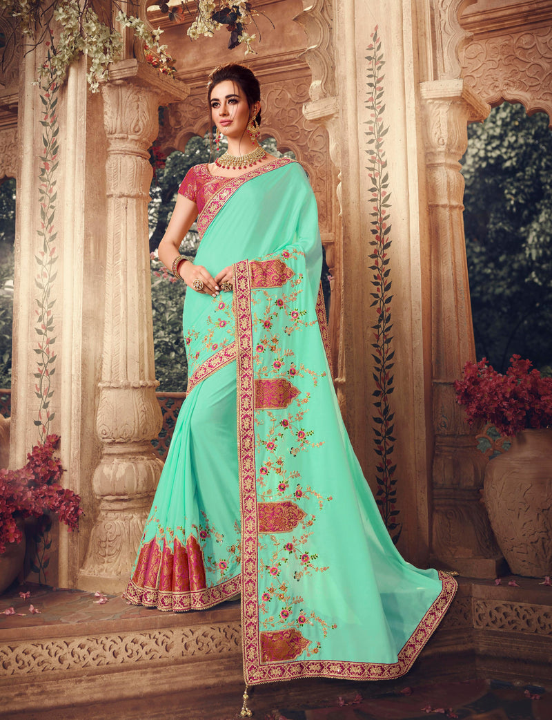 Mint colour Pure Silk Designer Saree