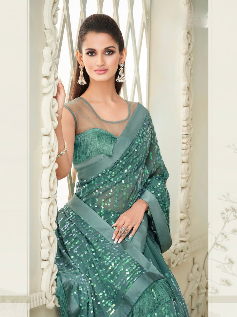 Turquoise colour Sequins Designer Saree