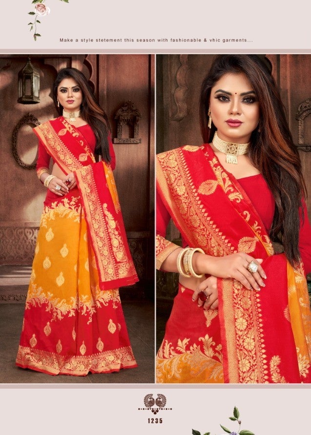 Red and Mustard colour Silk Saree