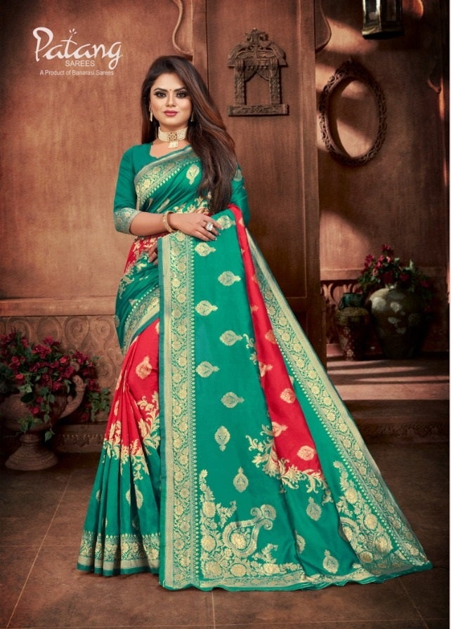 Green and Red colour Silk Saree