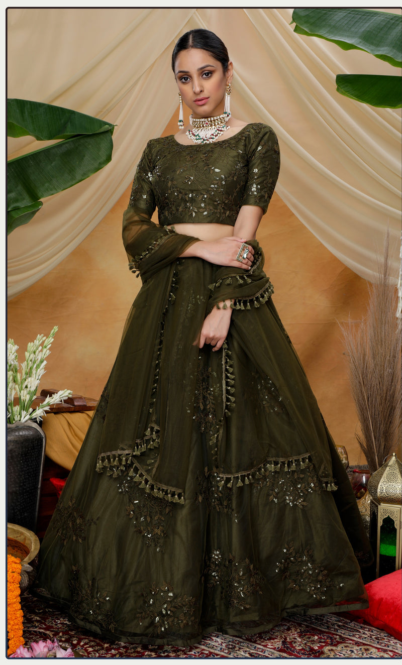 Thread embroidered work semi stitched Lehenga