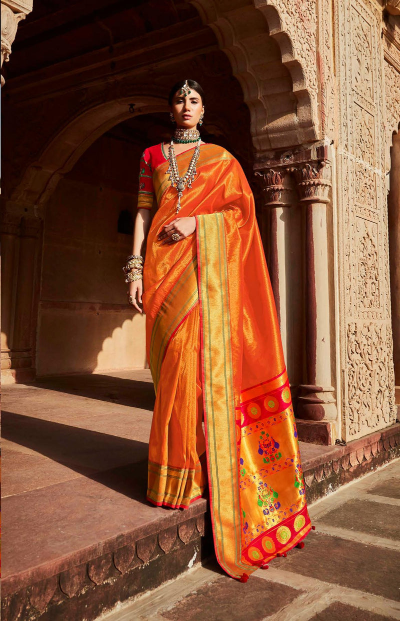 Golden Red colour Paithani Silk Saree