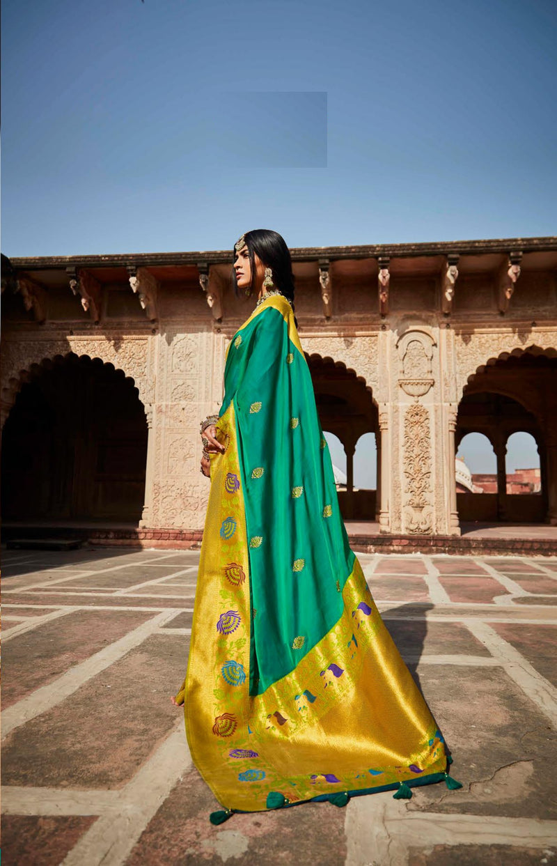 Green & Lime colour Paithani Silk Saree