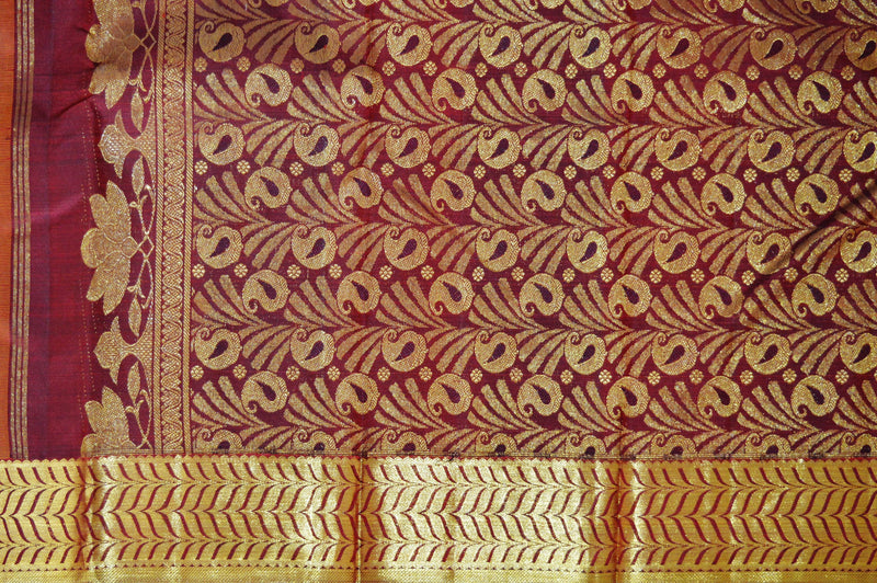 Mustard & Maroon Colour Pure Kanchipuram Pattu Silk Saree