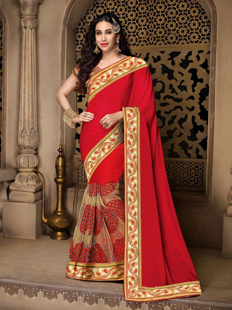 Red & Cream Georgette & Net Saree