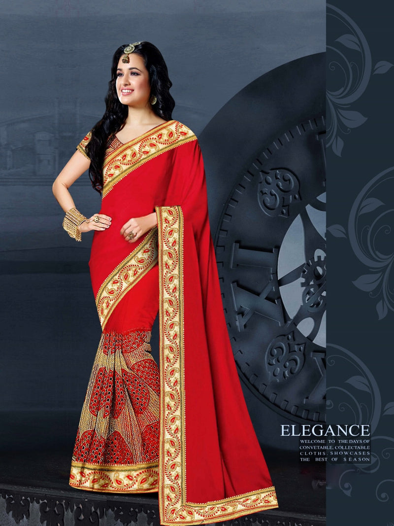 Red & Cream Georgette & Net Saree