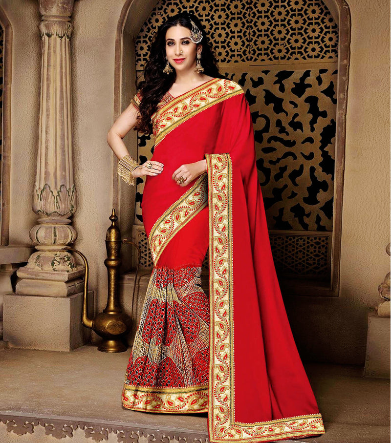 Red & Cream Georgette & Net Saree