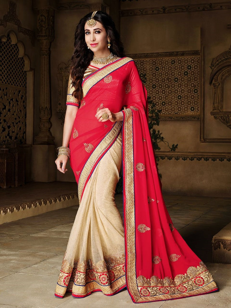 Pink & Cream Georgette & Silk Saree