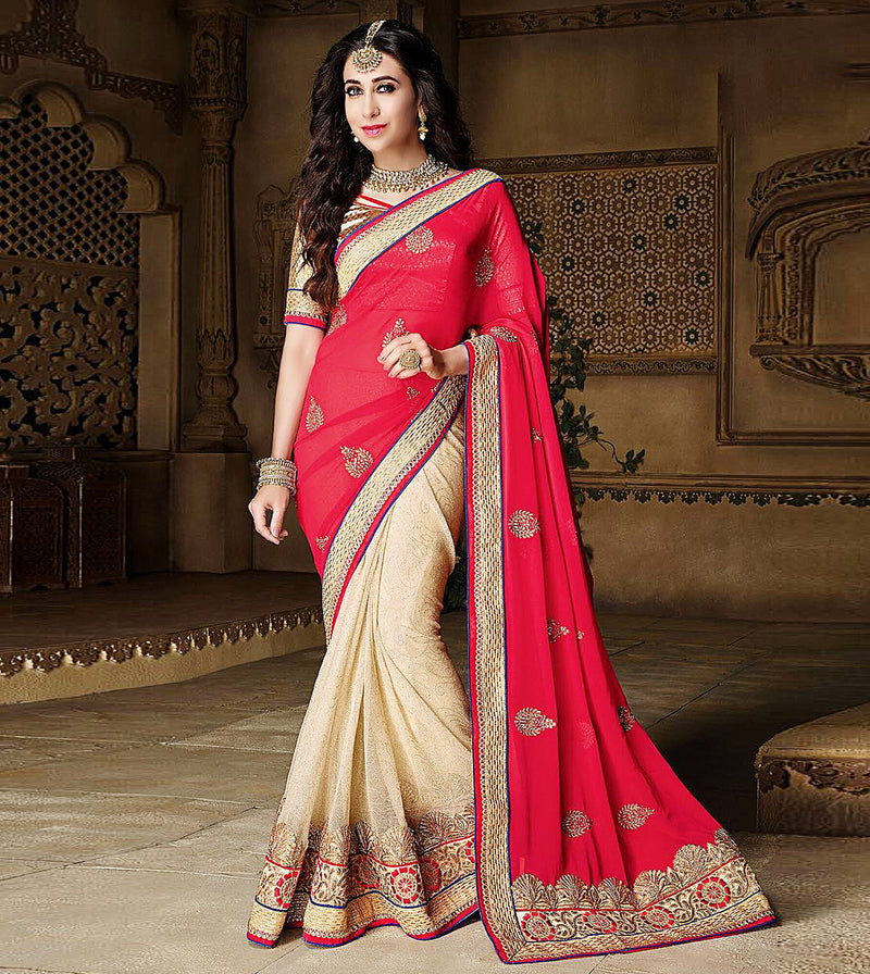 Pink & Cream Georgette & Silk Saree