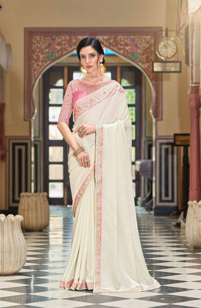 Off White Sequins Embroidered Silk Saree