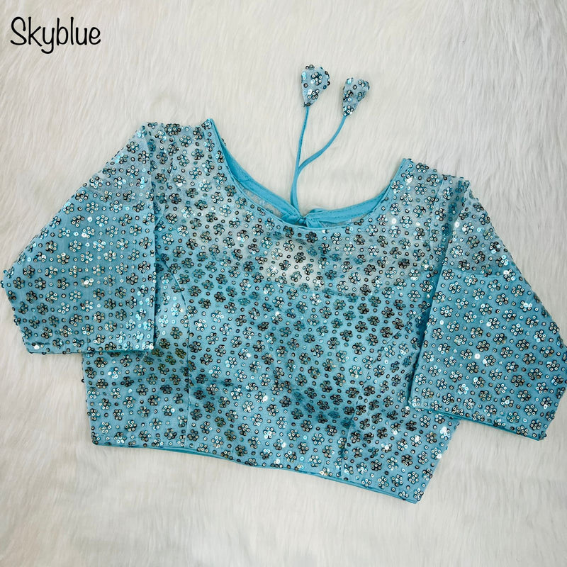 Sequins net ready made blouse in sky-blue