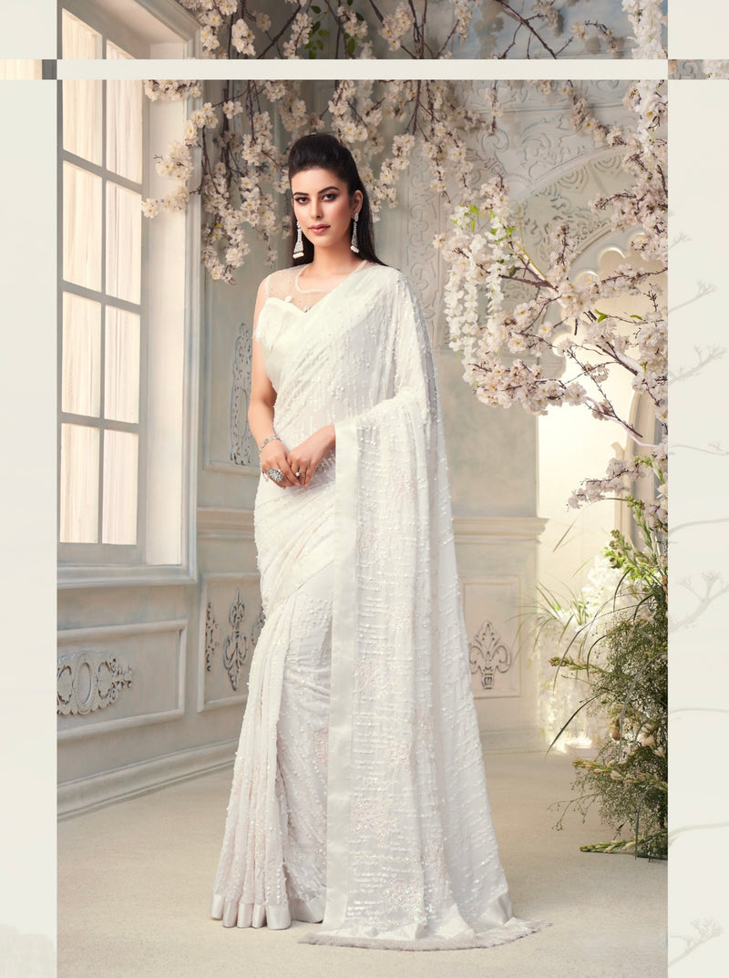 White colour Sequins Designer Saree