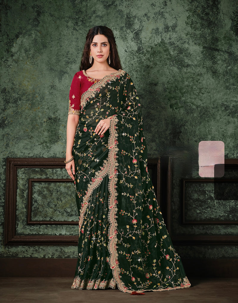 Green Designer Saree with Handmade works