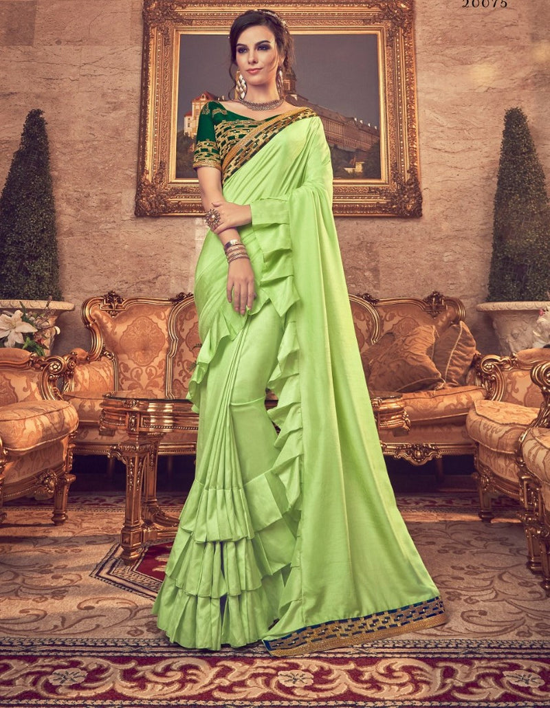 Parrot Green Banarasi Silk Ruffle Saree