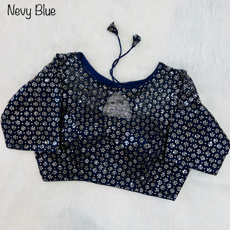 Sequins net ready made blouse in navy blue