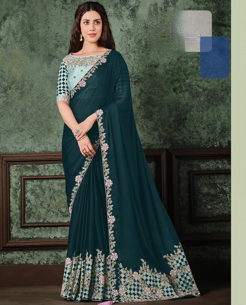 Teal Designer Saree with Handmade works