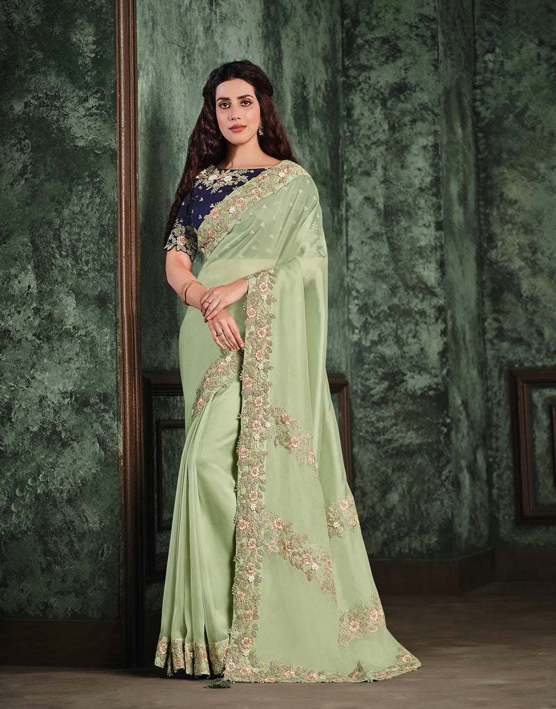 Green Designer Saree with Handmade works