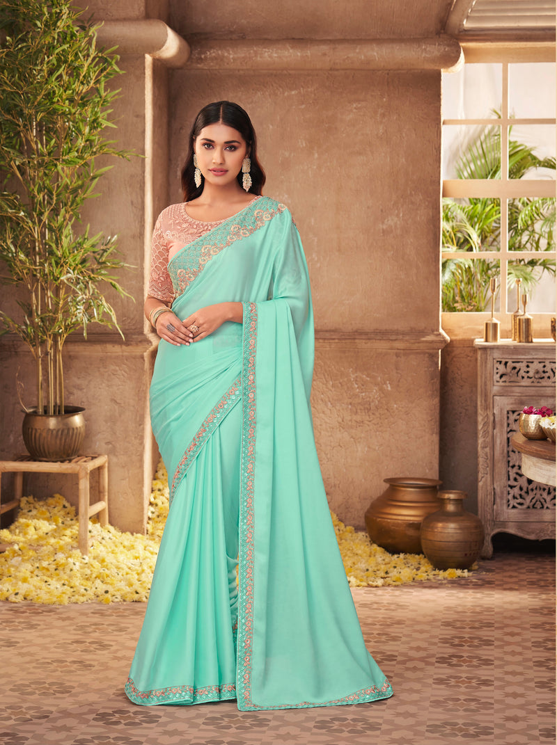 Aqua Colour Silk Designer Saree