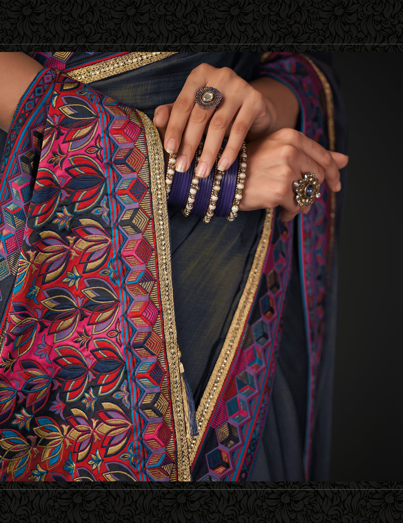 Blue Silk Embroidered Designer Saree