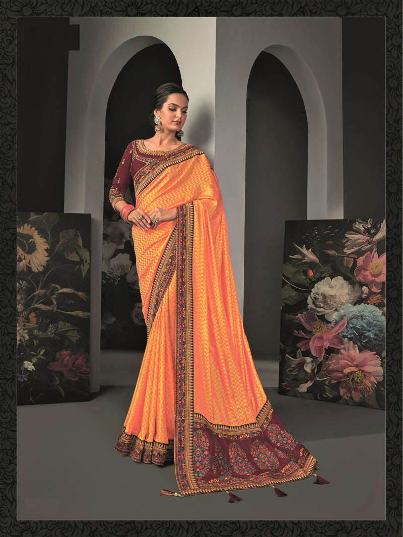 Orange Silk Embroidered Designer Saree