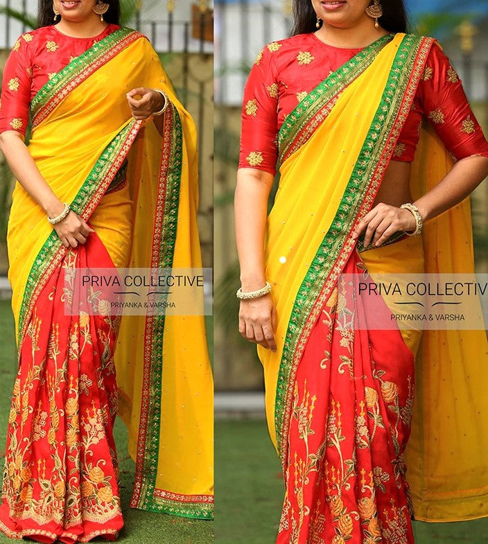 Yellow & Red Beautiful Designer Saree
