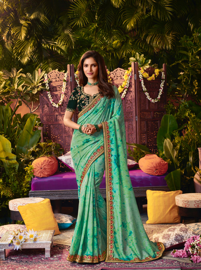 Designer Green Vichitra Silk Diamond Work Saree