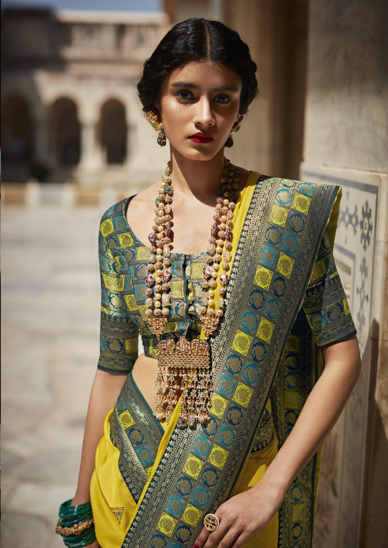 Lime Yellow Silk Saree with Weaving Work