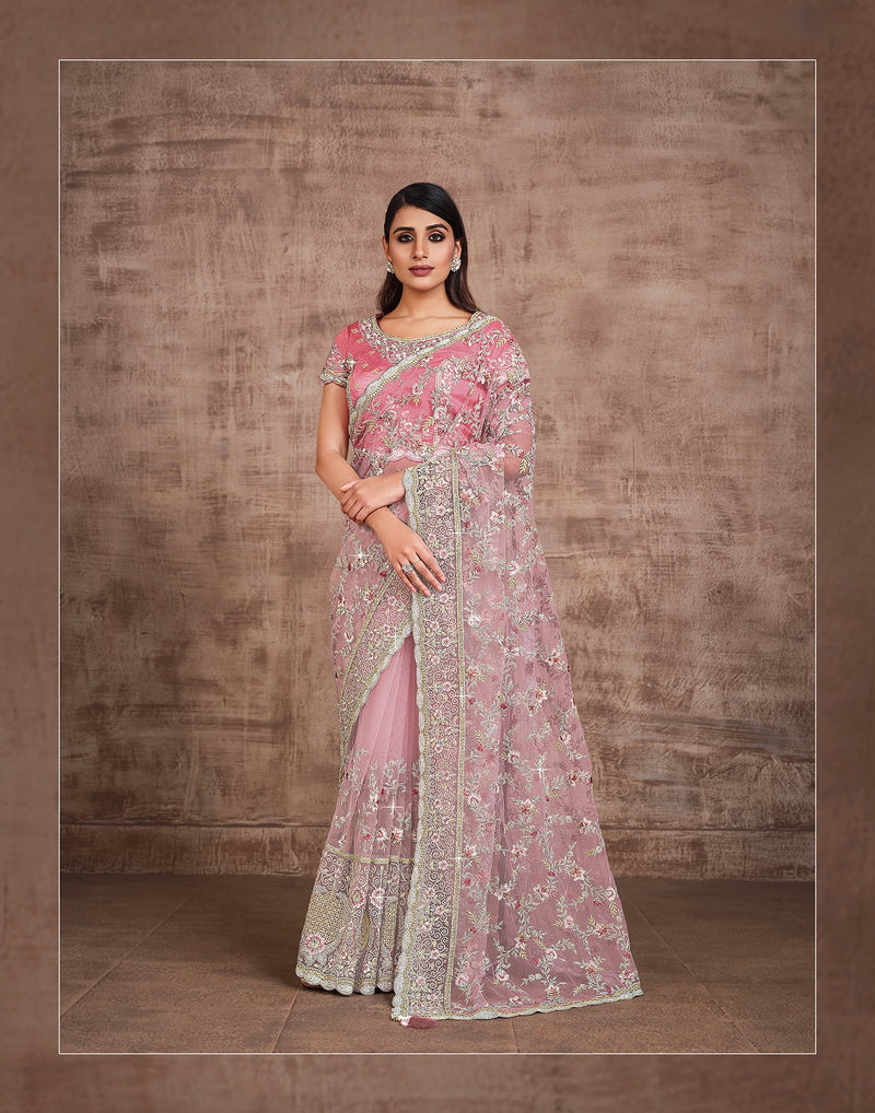 Pink Designer Saree with Handmade works