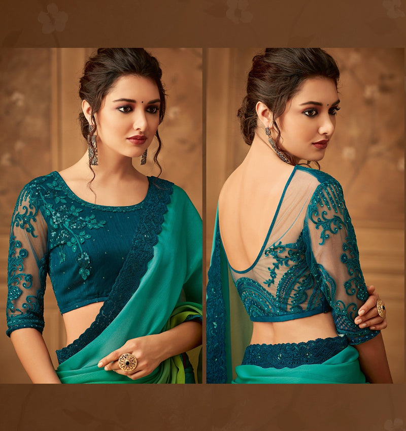 Green & Turquoise Silk Designer Saree