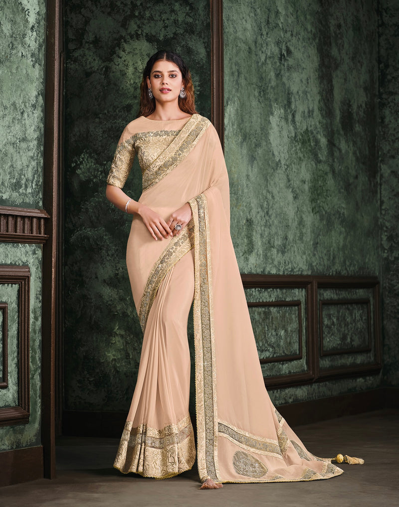 Peach Designer Saree with Handmade works