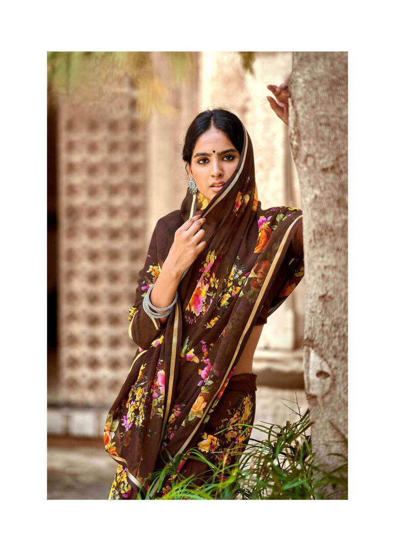 Brown colour Chiffon Designer Saree