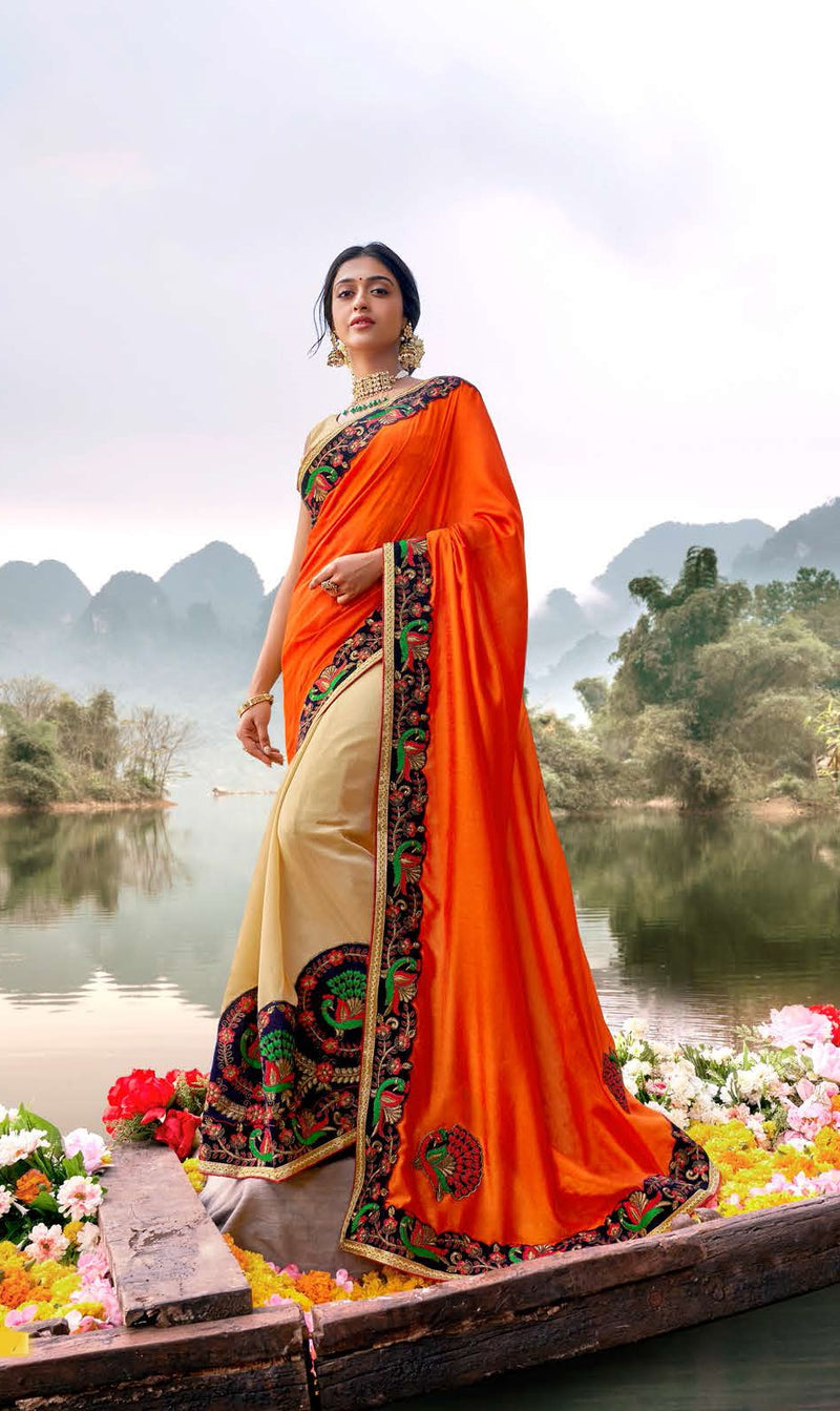 Beige & Orange Vichitra silk Designer Saree