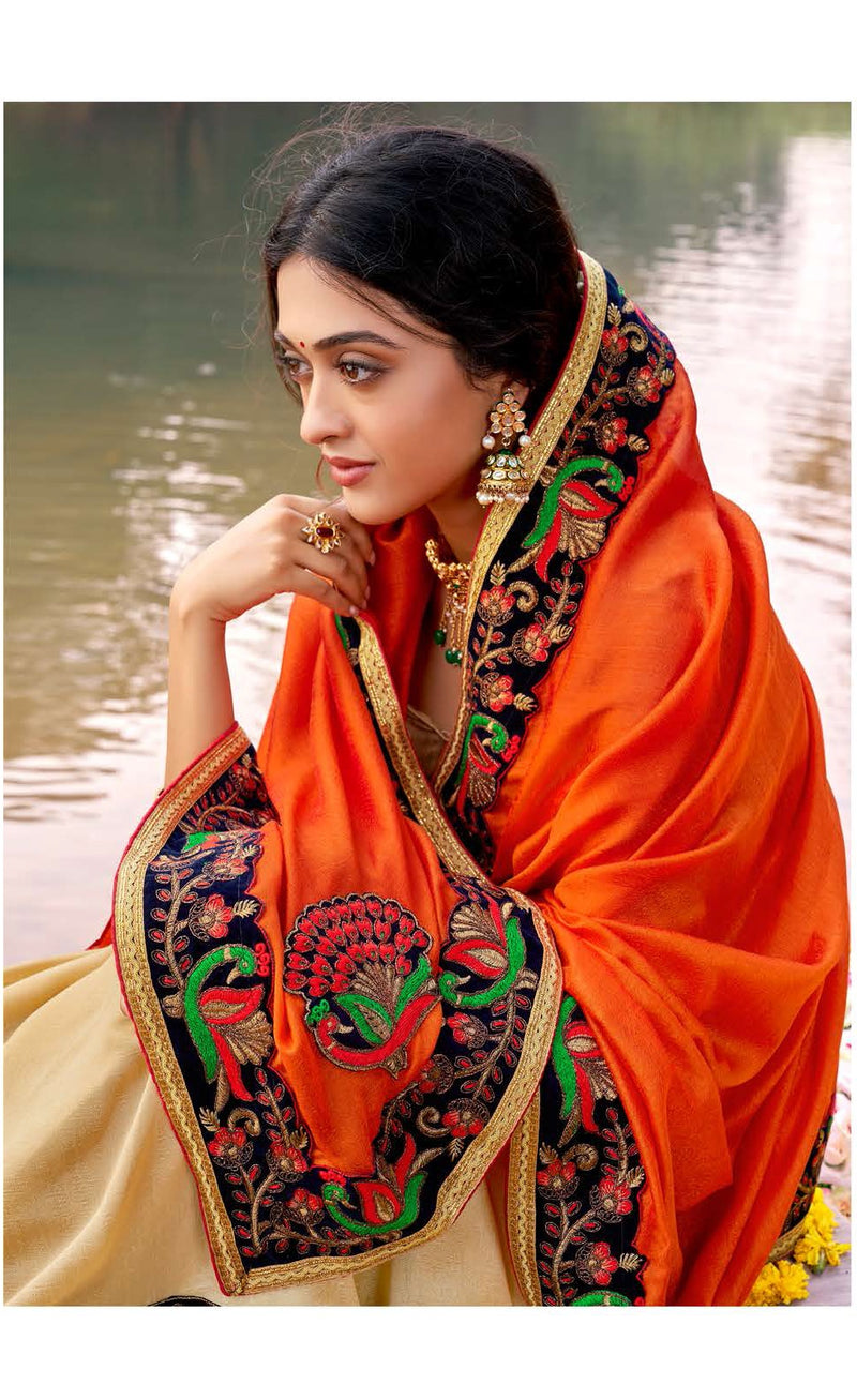 Beige & Orange Vichitra silk Designer Saree