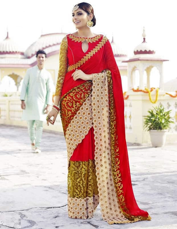 Red, Olive green & Cream Georgette & Lace Saree