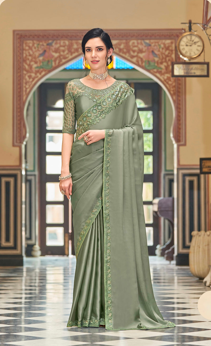 Green Floral Sequins Embroidered Silk Saree