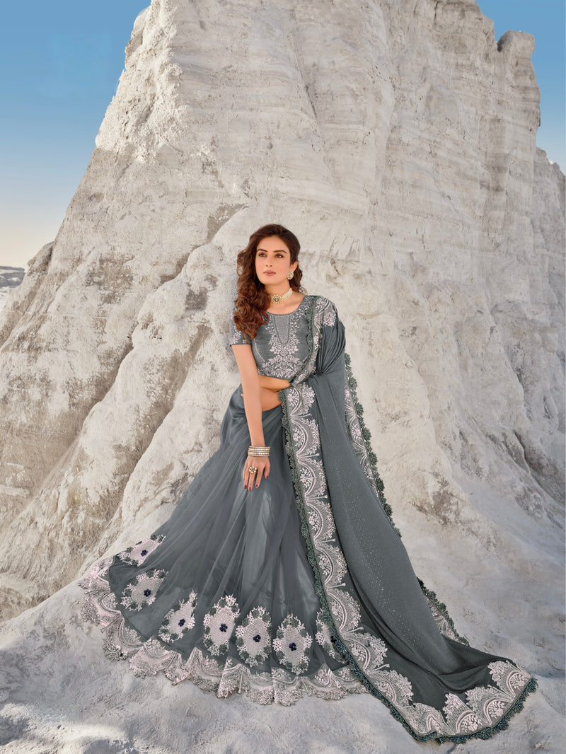 Grey Colour Ravishing Designer Pure Net Saree
