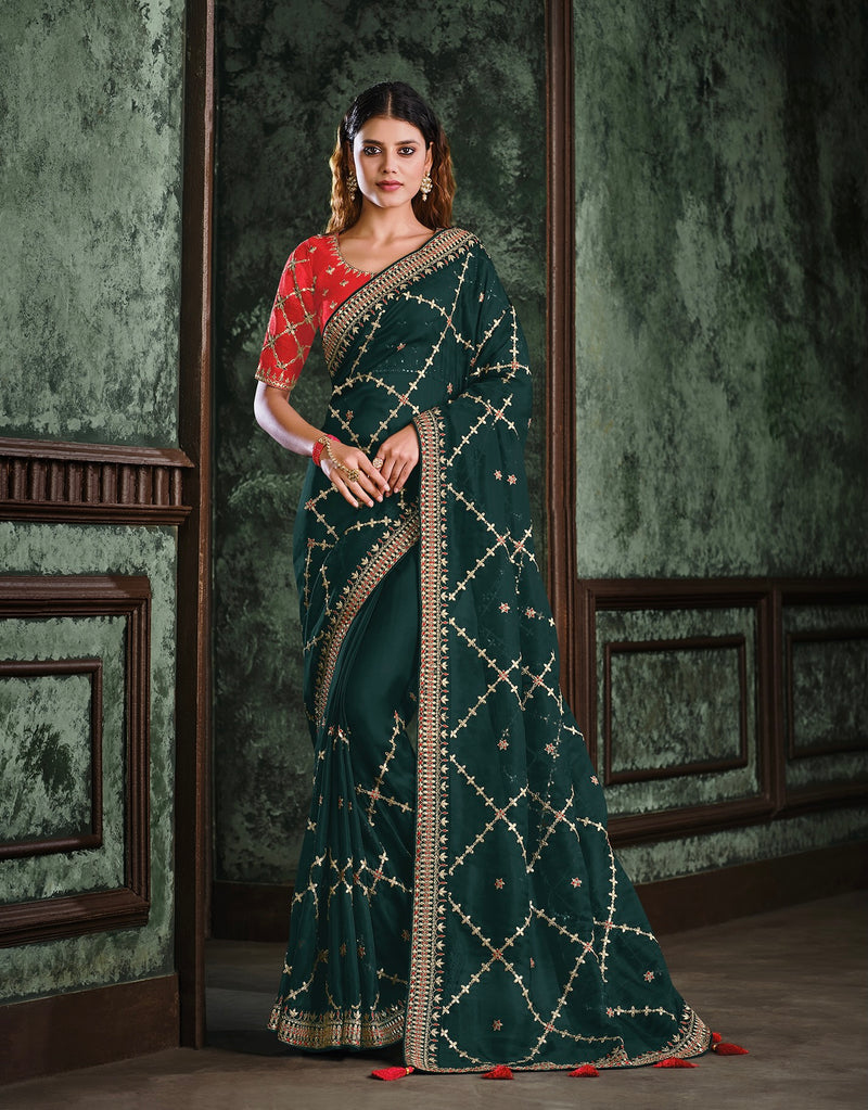 Green Designer Saree with Handmade works