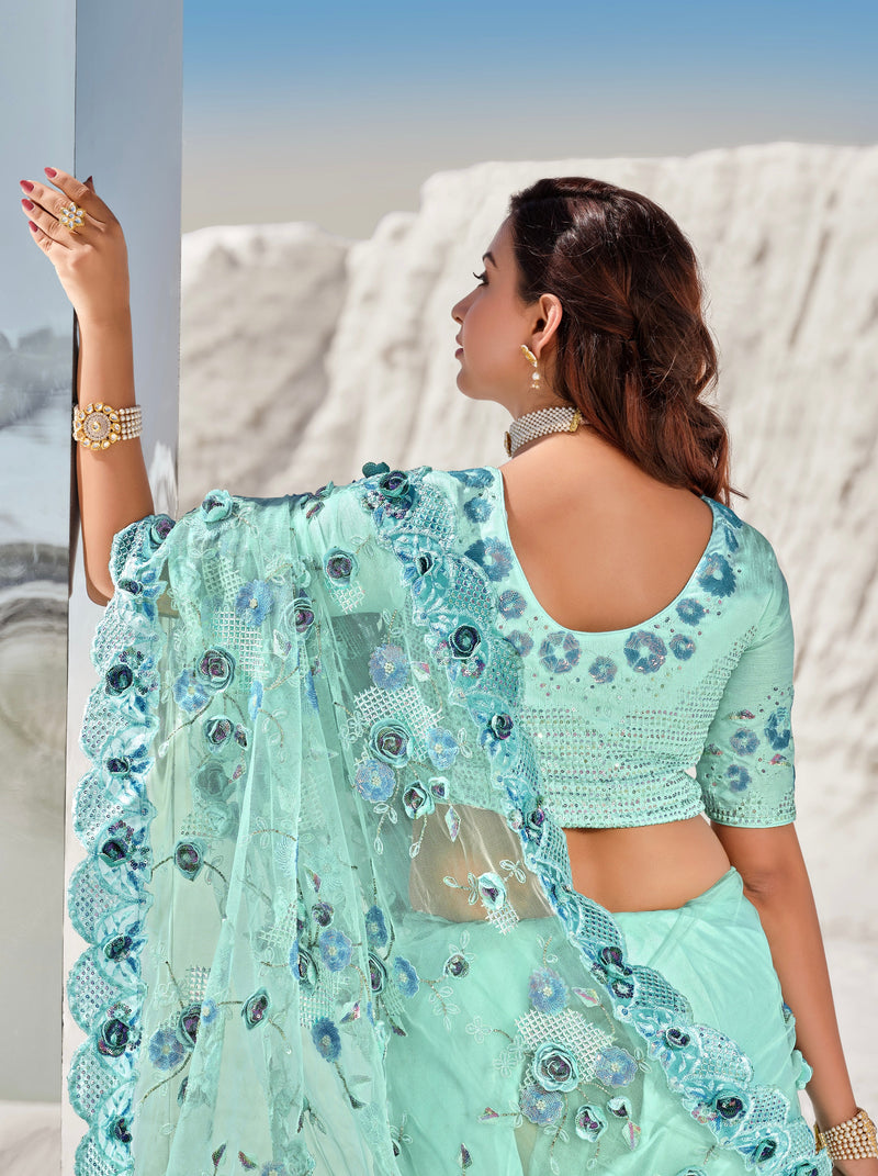 Aqua Colour Ravishing Designer Pure Net Saree